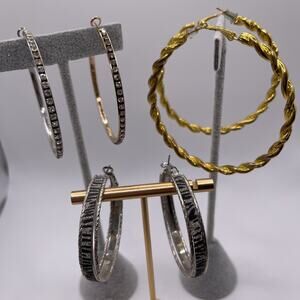 NEW Hoop Statement Earrings Mixed Metals silver and gold Rhinestone Zebra Print